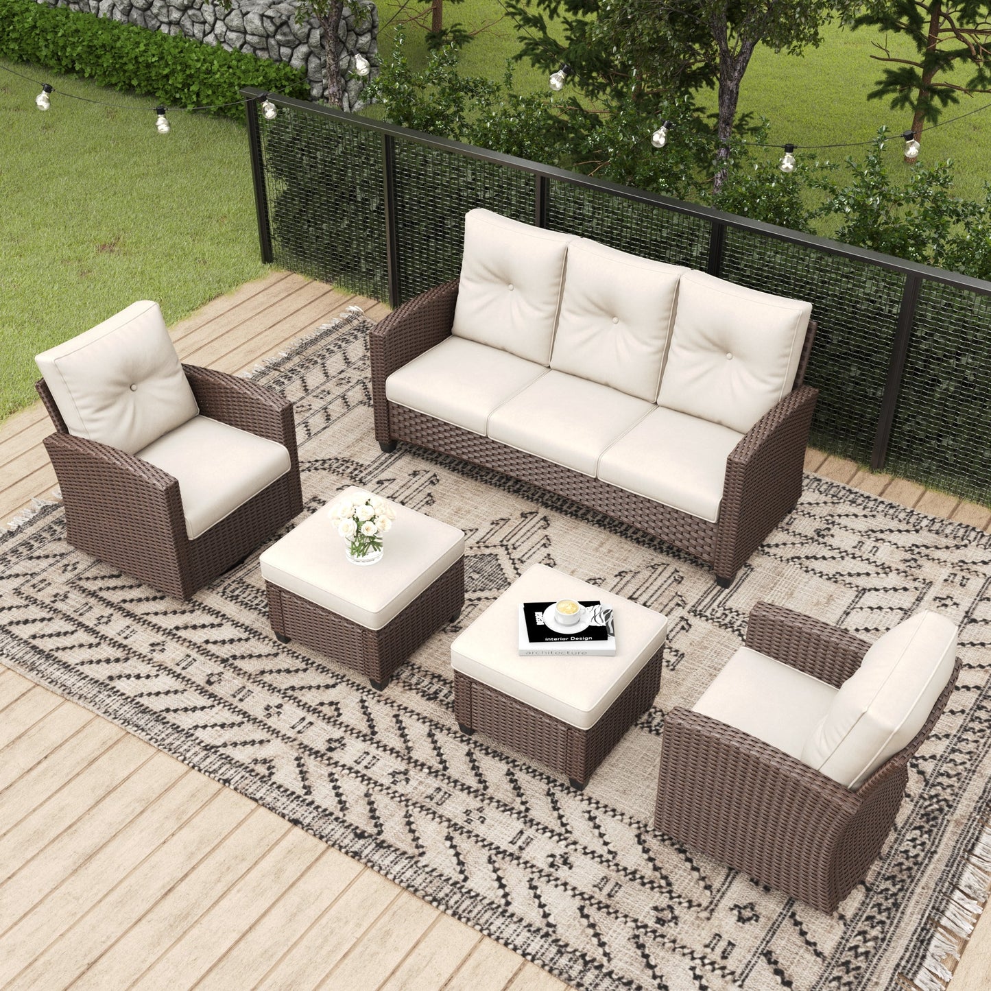 LayinSun 5 Pieces Traditional Patio Furniture Set with Wicker Swivel Chairs