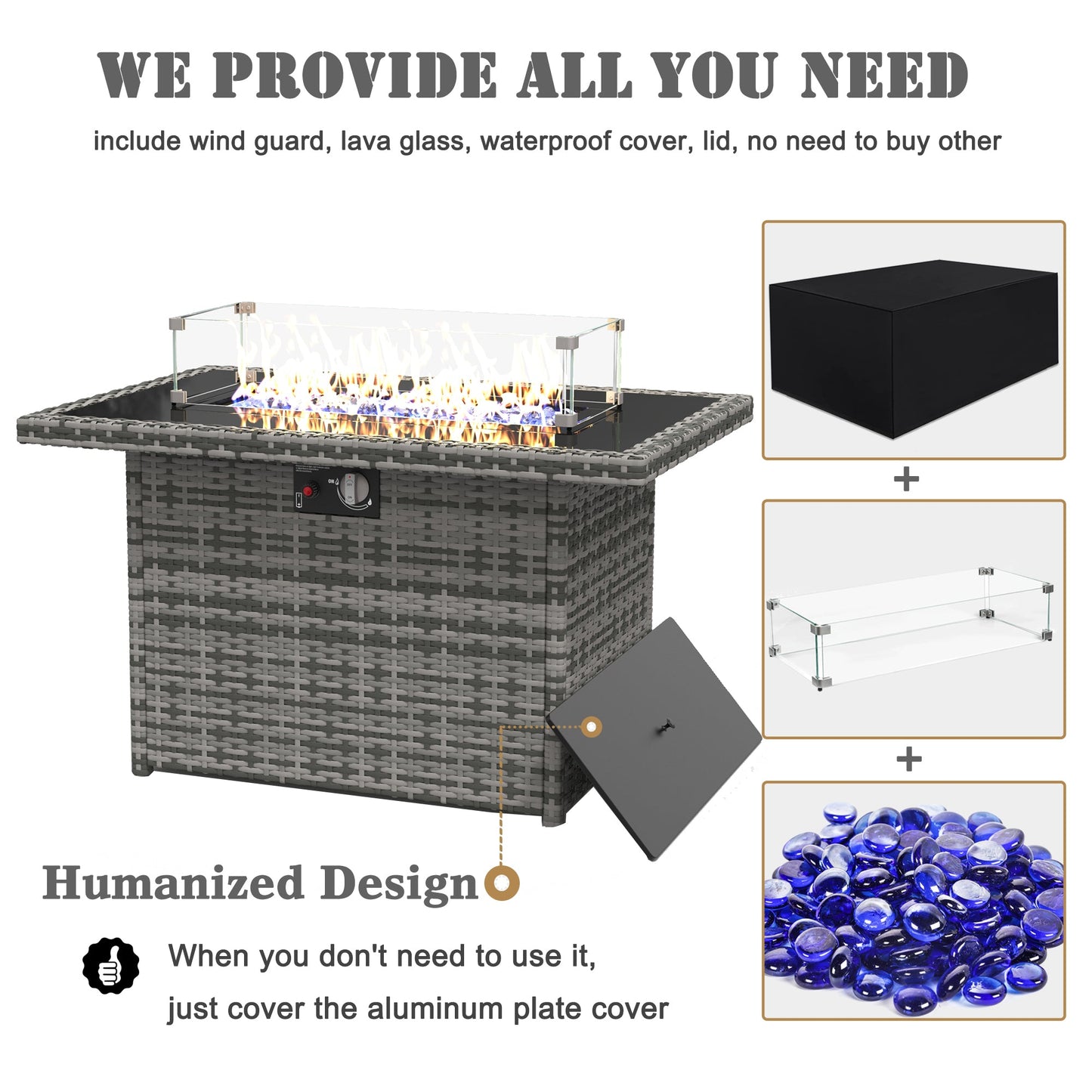 LayinSun 44-Inch Propane Gas Rectangle Fire Pit Table 55000 BTU Firepits for Outside