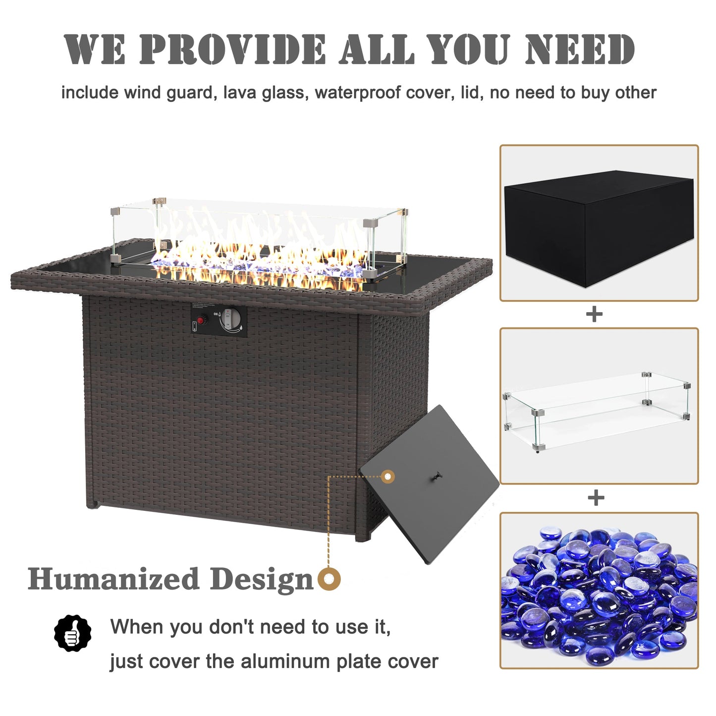 LayinSun 44-Inch Propane Gas Rectangle Fire Pit Table 55000 BTU Firepits for Outside