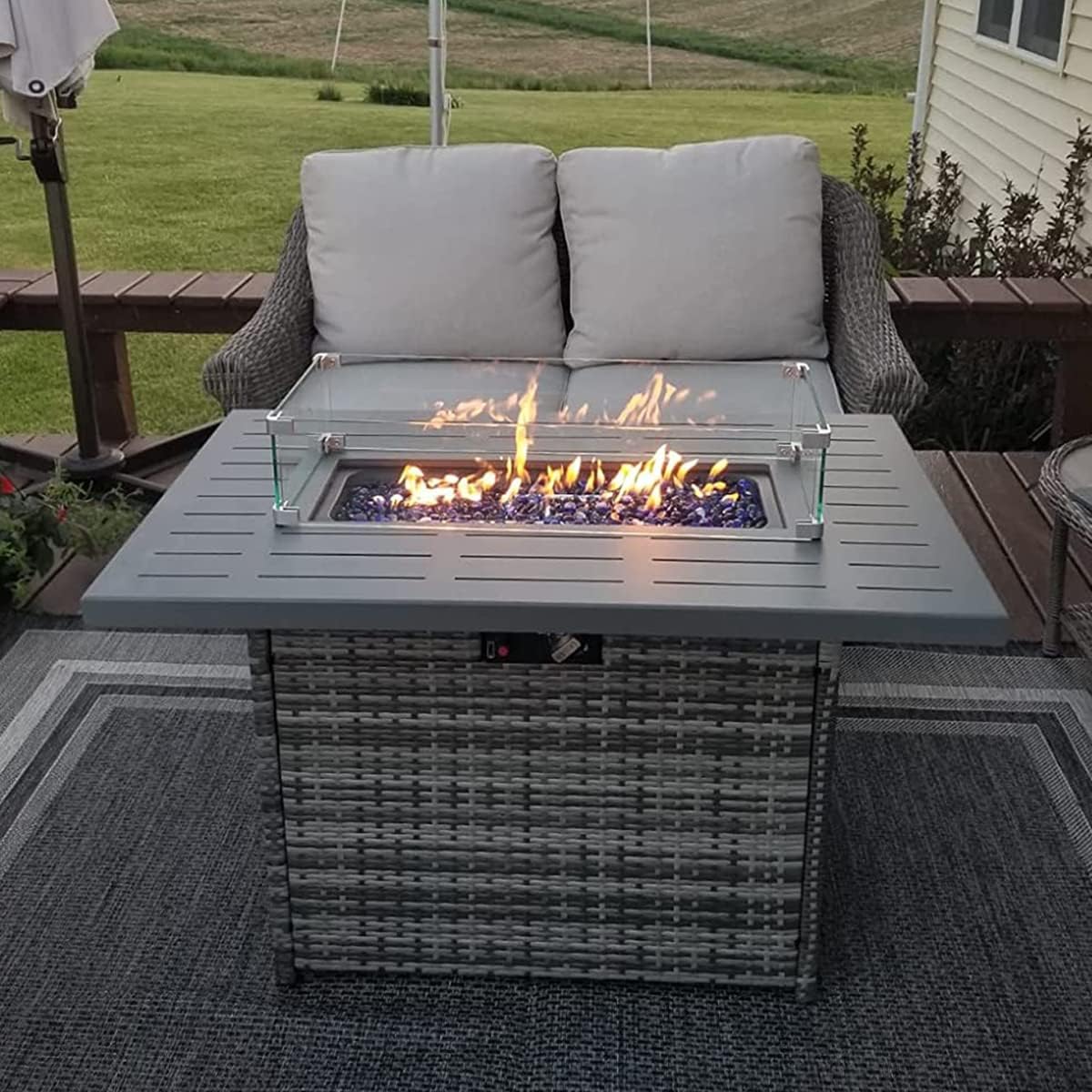 LayinSun 44-Inch Propane Gas Rectangle Fire Pit Table - Aluminum Tabletop