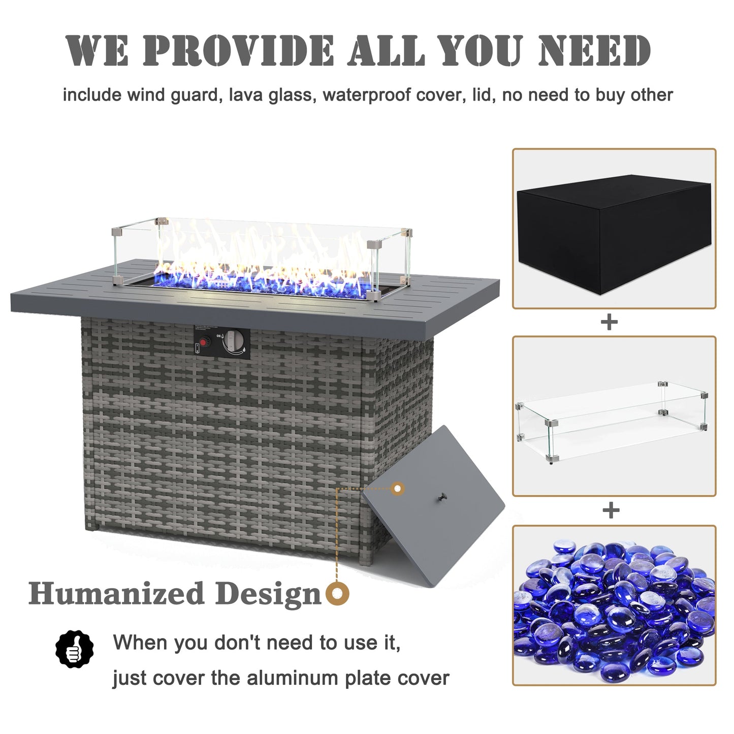 LayinSun 44-Inch Propane Gas Rectangle Fire Pit Table - Aluminum Tabletop