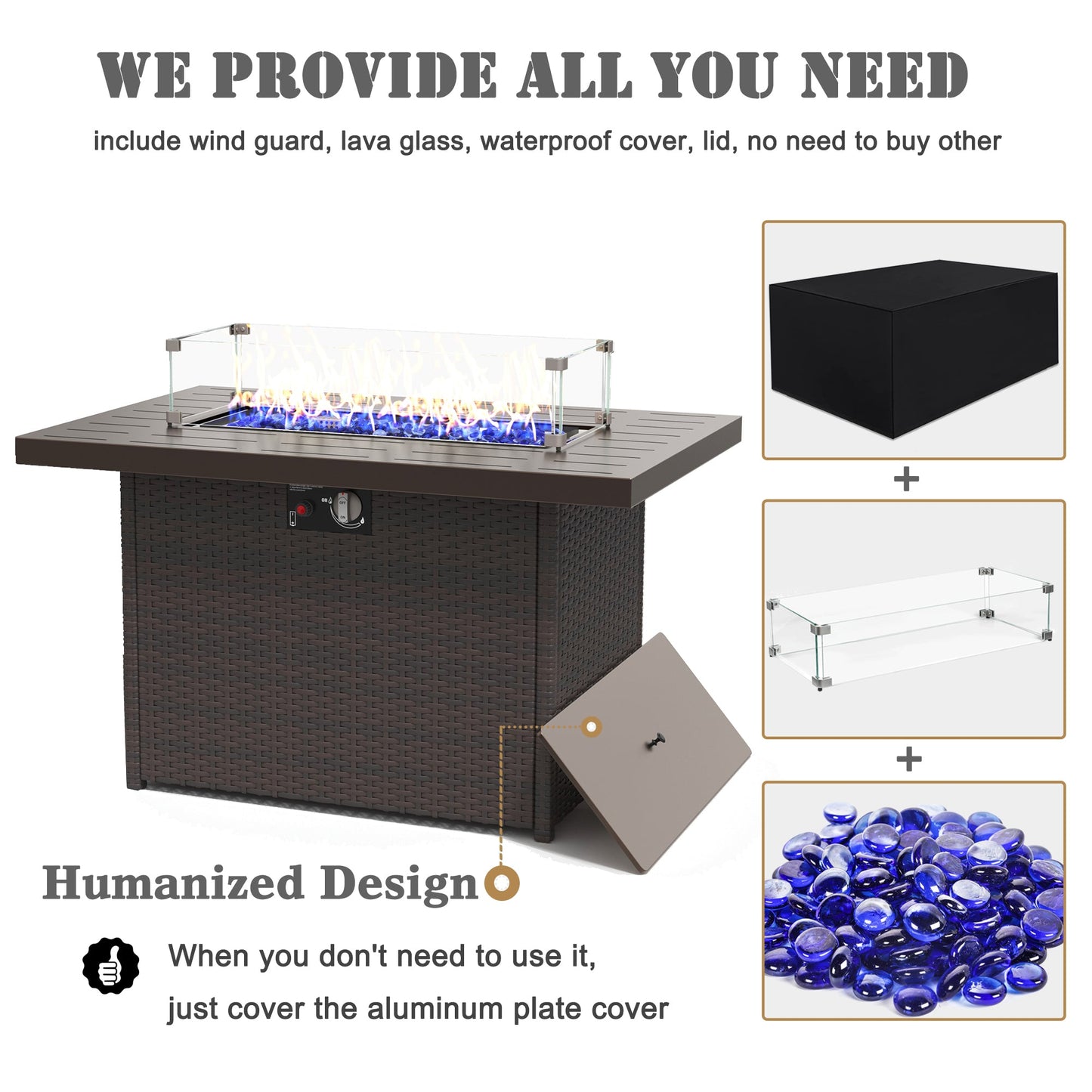 LayinSun 44-Inch Propane Gas Rectangle Fire Pit Table - Aluminum Tabletop