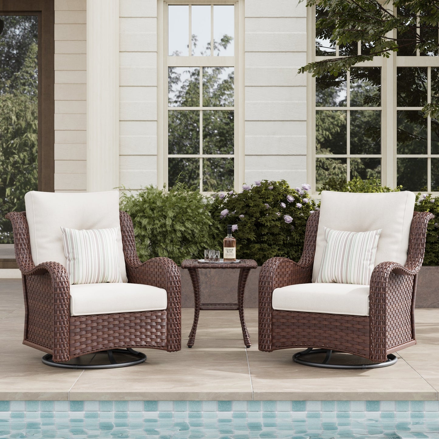 LayinSun 3 - Piece Curved Armrest Wicker Swivel Glider Lounge Chairs Set