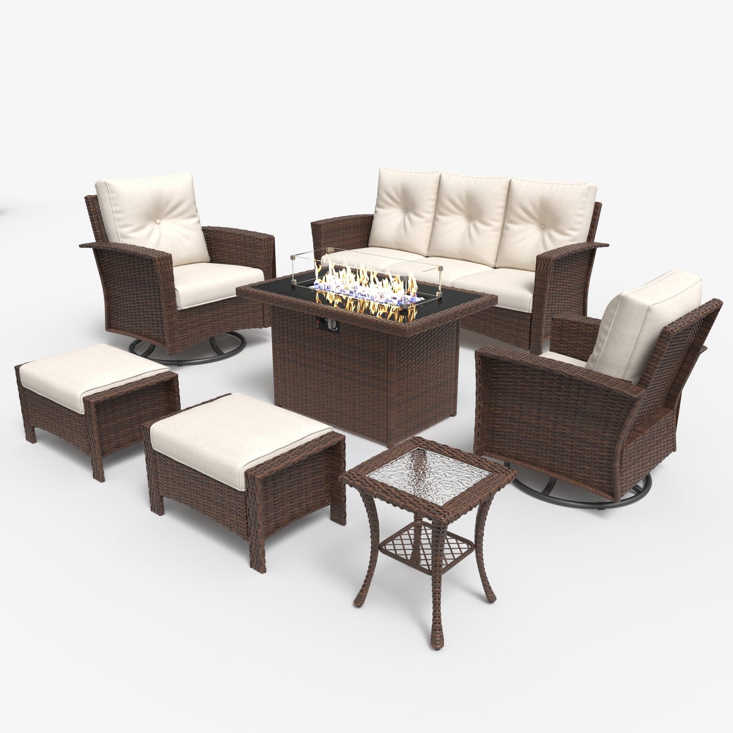 LayinSun 7 Piece Patio Set with wicker Swivel Rocking Chairs and Fire Pit