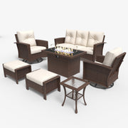 LayinSun 7 Piece Patio Set with wicker Swivel Rocking Chairs and Fire Pit