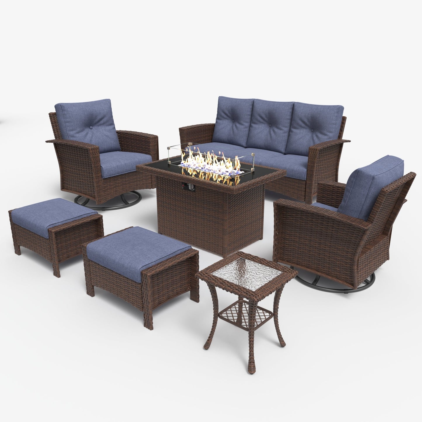 LayinSun 7 Piece Patio Set with wicker Swivel Rocking Chairs and Fire Pit