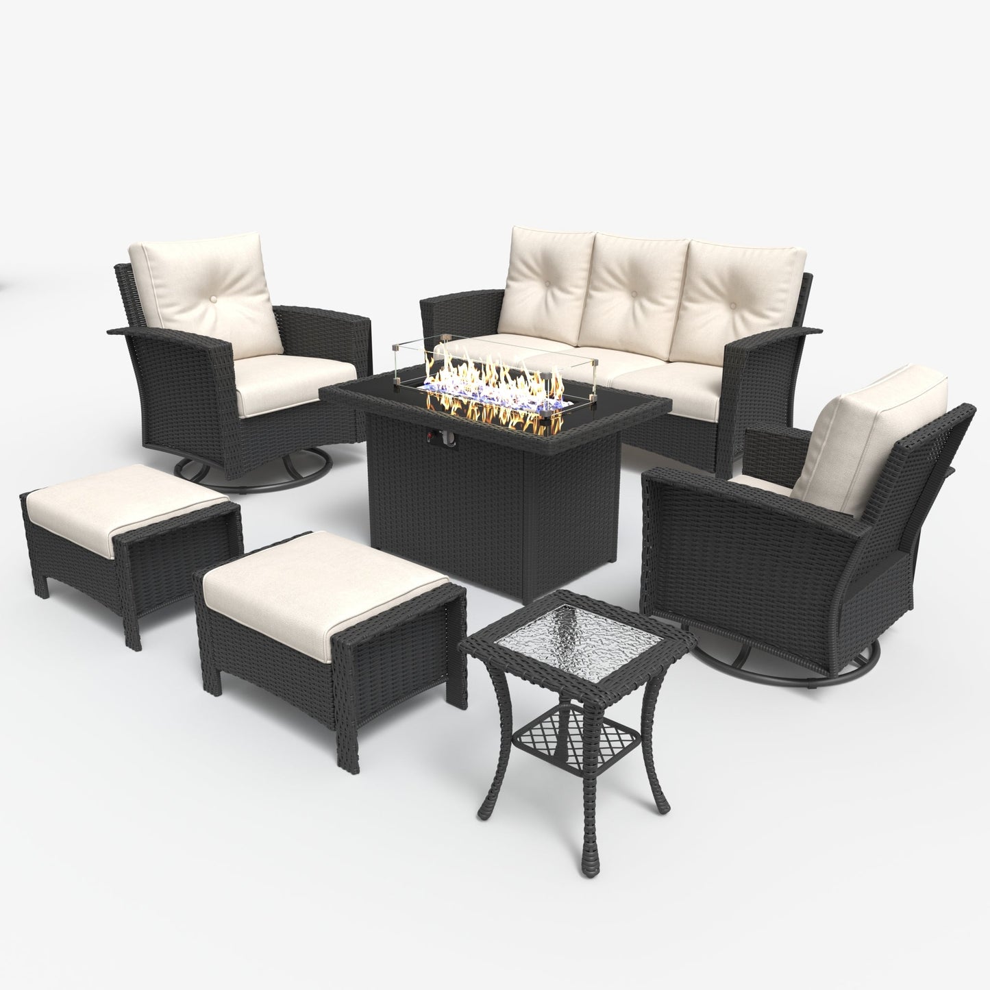 LayinSun 7 Piece Patio Set with wicker Swivel Rocking Chairs and Fire Pit