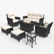 LayinSun 7 Piece Patio Set with wicker Swivel Rocking Chairs and Fire Pit