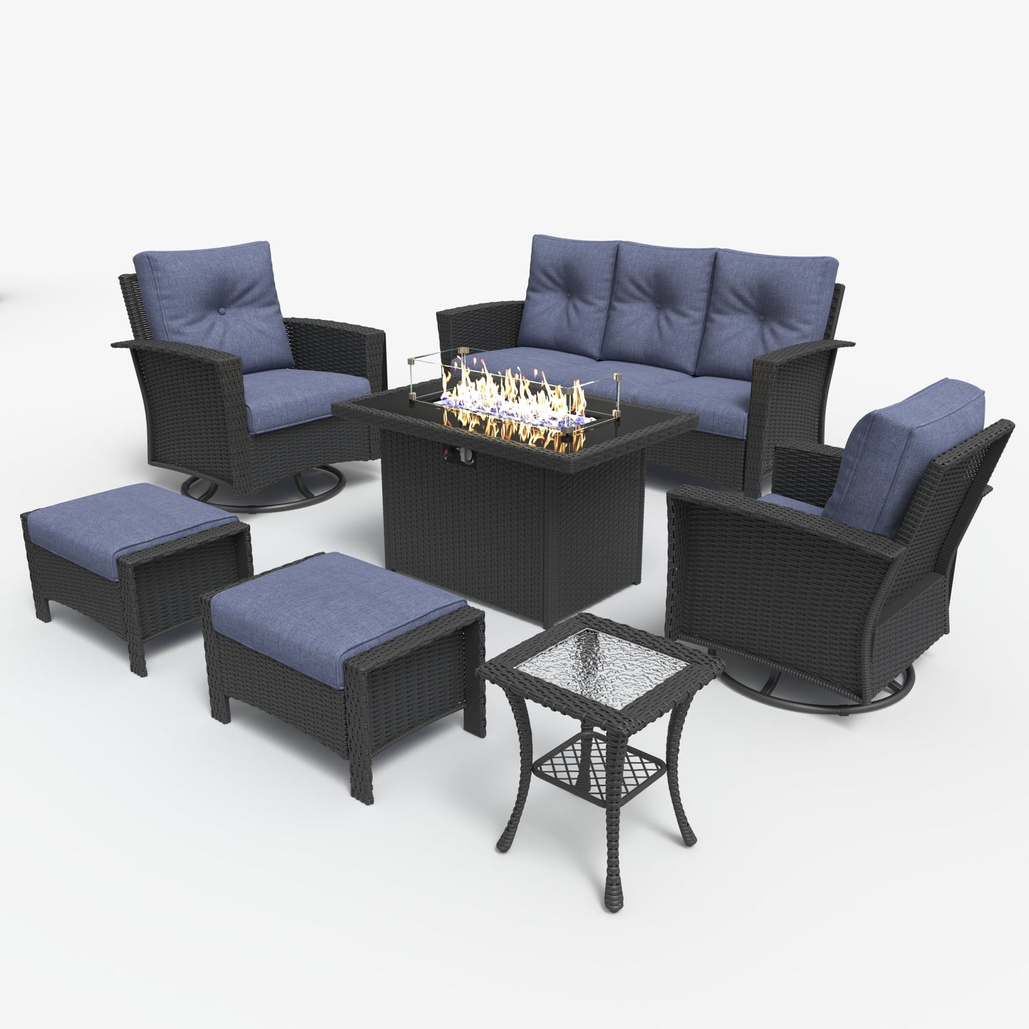 LayinSun 7 Piece Patio Set with wicker Swivel Rocking Chairs and Fire Pit
