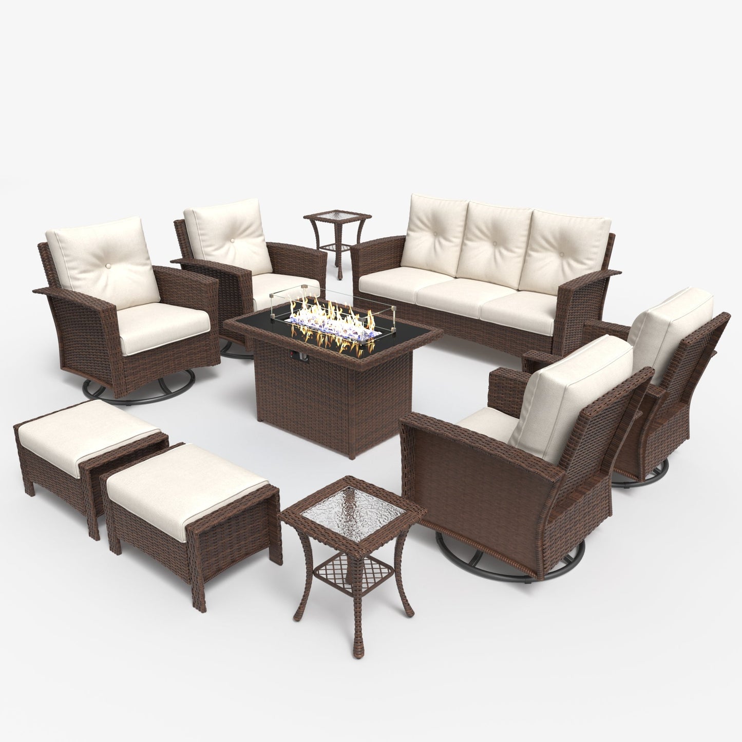 LayinSun 10 Piece Patio Set with wicker Swivel Rocking Chairs and Fire Pit