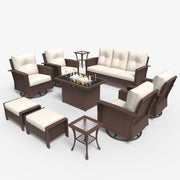 LayinSun 10 Piece Patio Set with wicker Swivel Rocking Chairs and Fire Pit