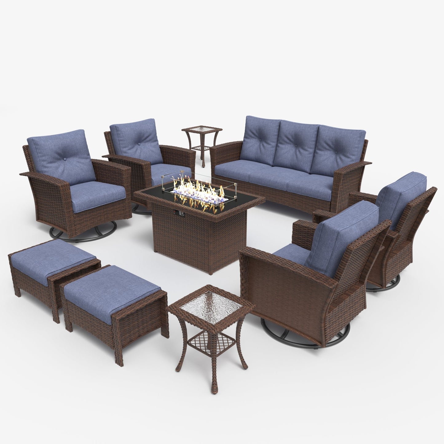 LayinSun 10 Piece Patio Set with wicker Swivel Rocking Chairs and Fire Pit