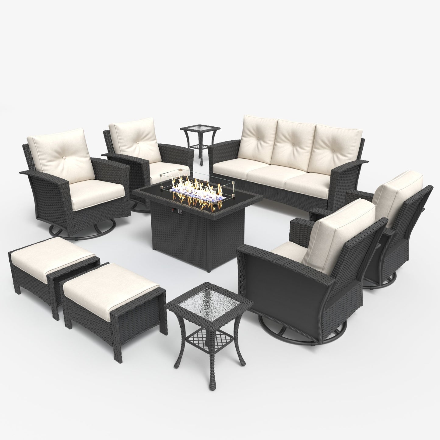 LayinSun 10 Piece Patio Set with wicker Swivel Rocking Chairs and Fire Pit