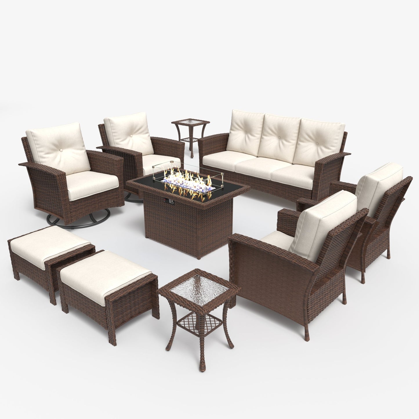 LayinSun 10 Piece Patio Set with wicker Swivel Rocking Chairs and Fire Pit