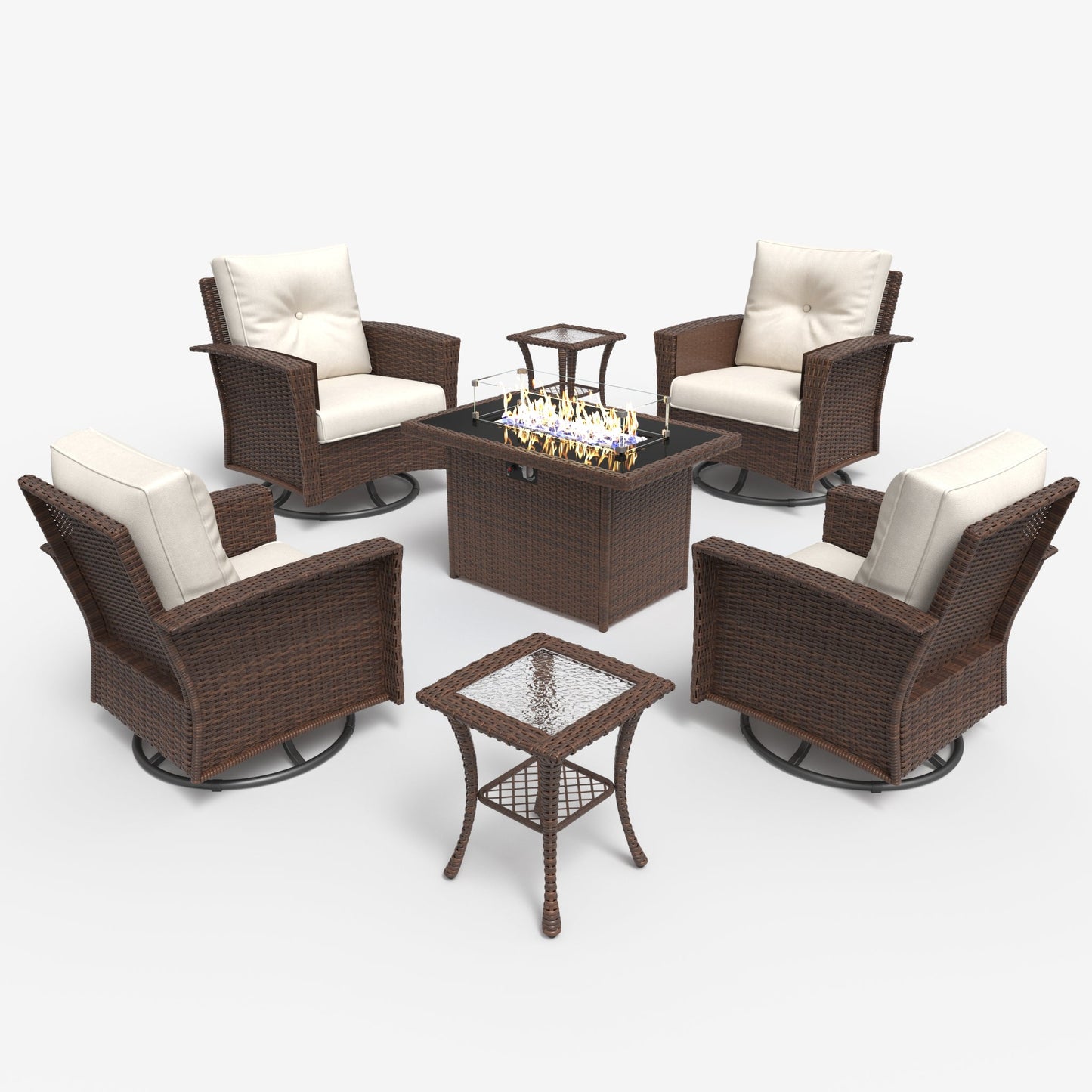 LayinSun 7 Piece Patio Set with wicker Swivel Rocking Chairs and Fire Pit