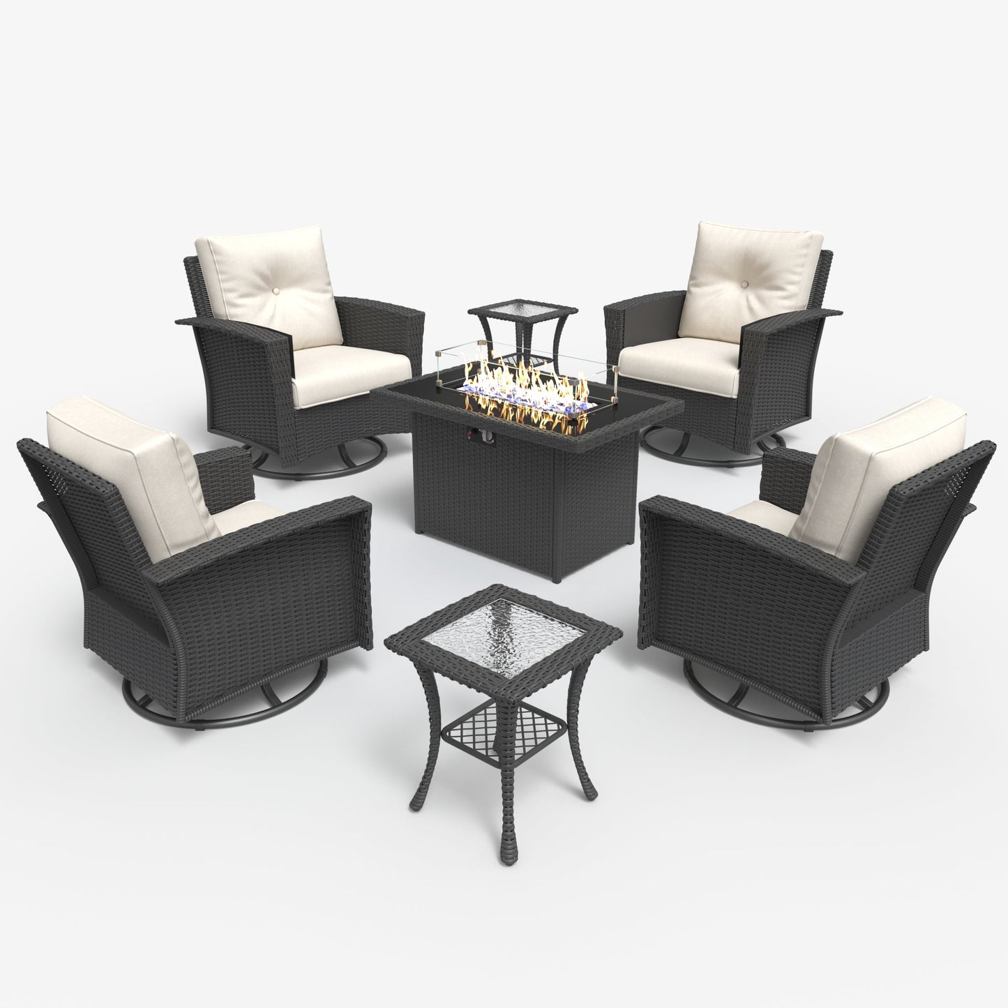 LayinSun 7 Piece Patio Set with wicker Swivel Rocking Chairs and Fire Pit