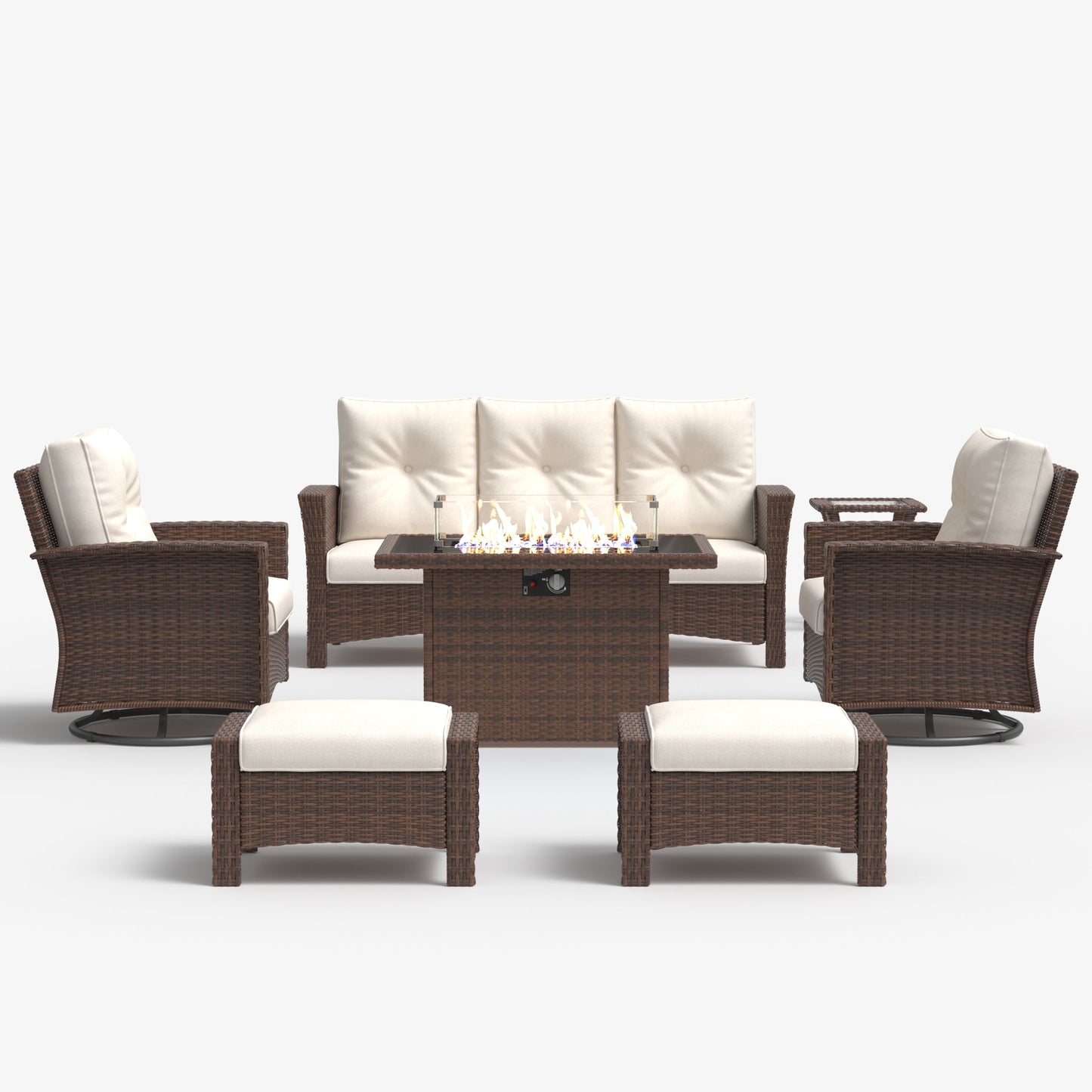 LayinSun 7 Piece Patio Set with wicker Swivel Rocking Chairs and Fire Pit