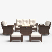 LayinSun 7 Piece Patio Set with wicker Swivel Rocking Chairs and Fire Pit