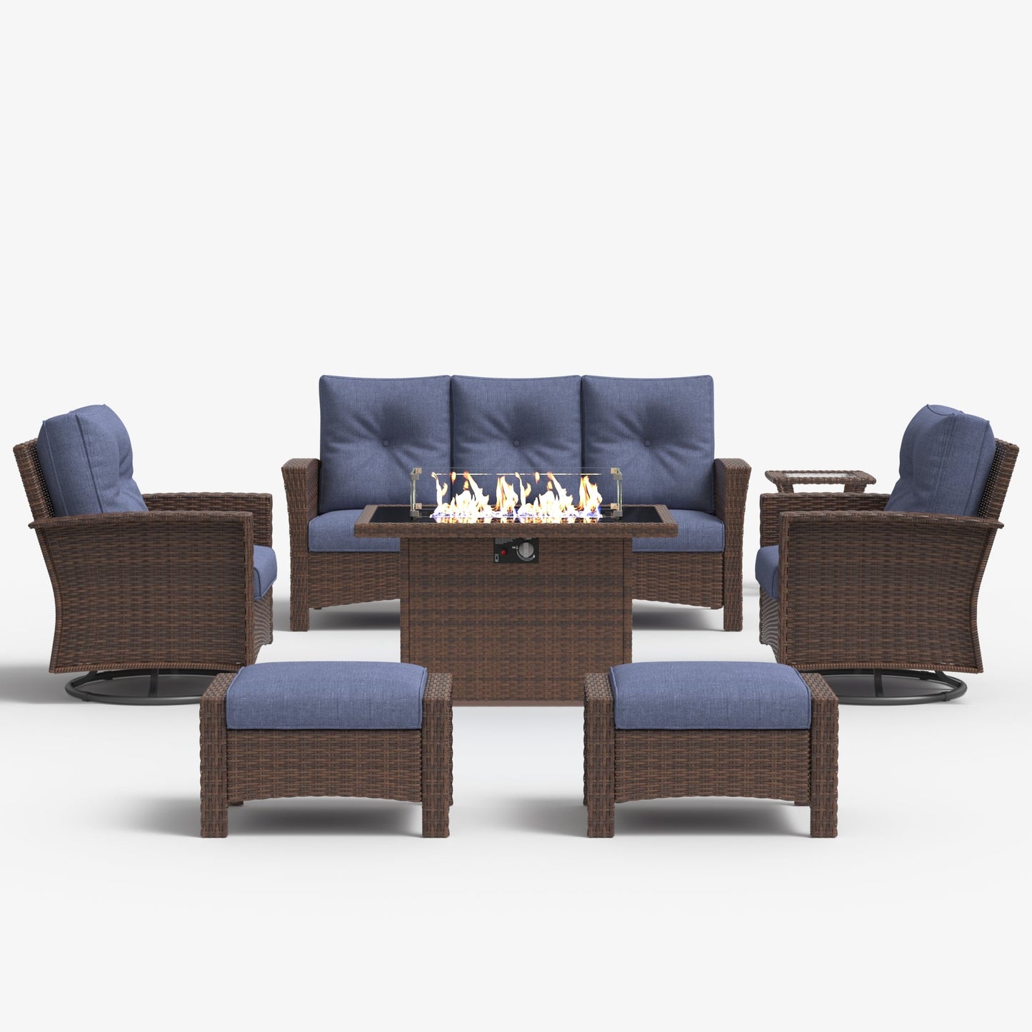 LayinSun 7 Piece Patio Set with wicker Swivel Rocking Chairs and Fire Pit