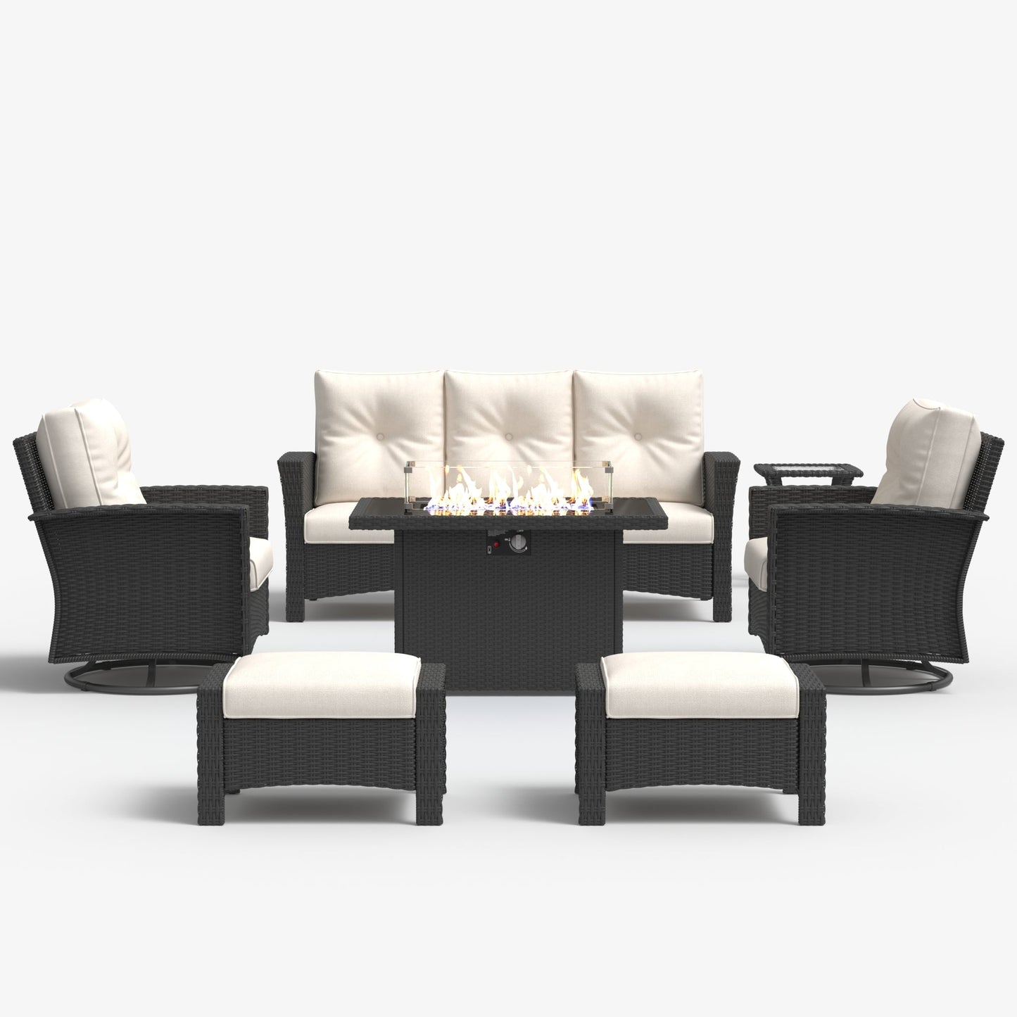LayinSun 7 Piece Patio Set with wicker Swivel Rocking Chairs and Fire Pit