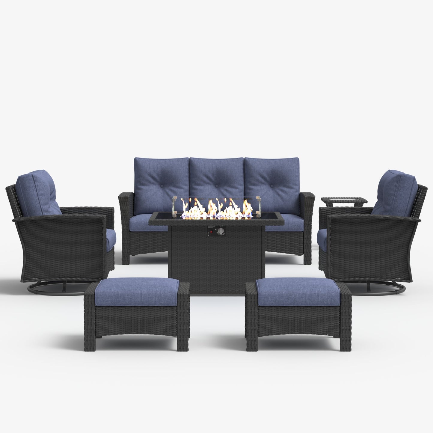 LayinSun 7 Piece Patio Set with wicker Swivel Rocking Chairs and Fire Pit