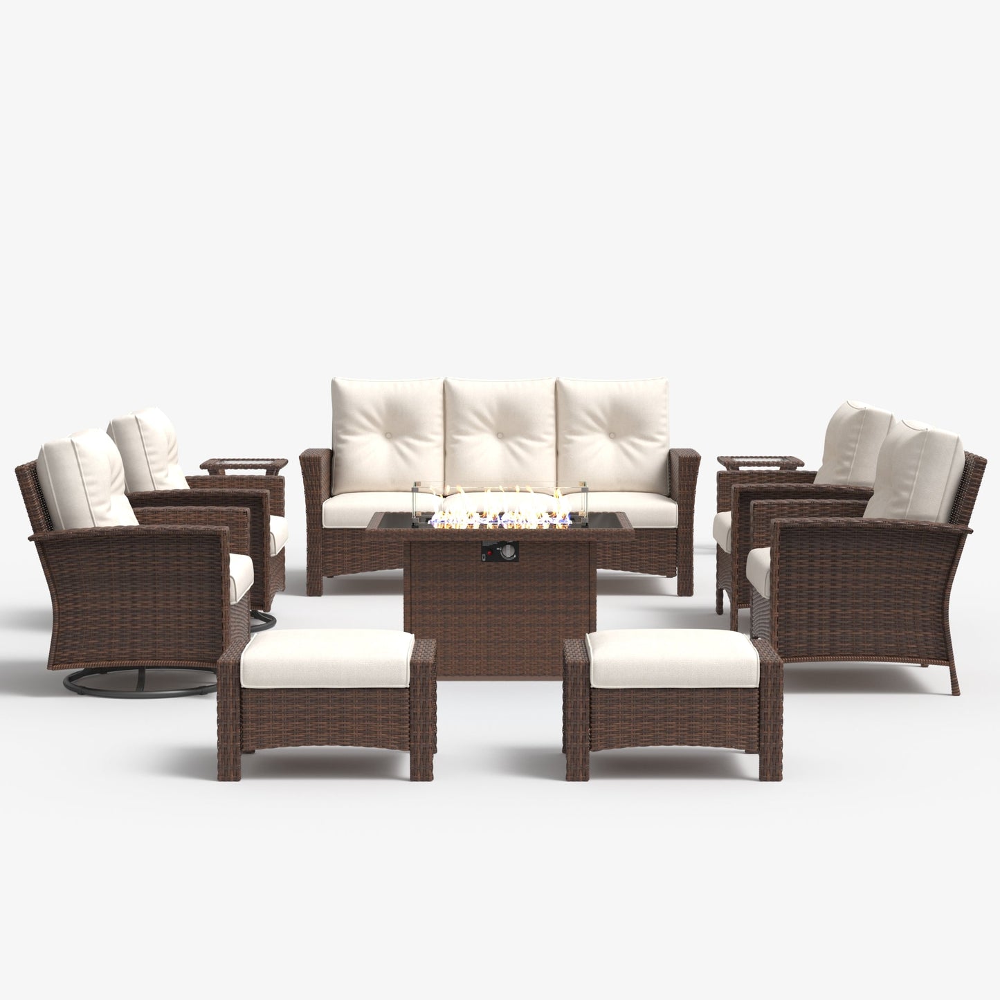 LayinSun 10 Piece Patio Set with wicker Swivel Rocking Chairs and Fire Pit