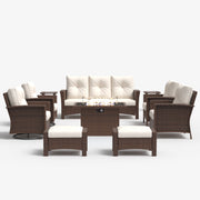 LayinSun 10 Piece Patio Set with wicker Swivel Rocking Chairs and Fire Pit