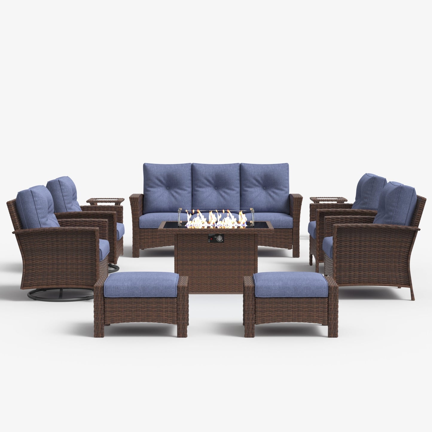 LayinSun 10 Piece Patio Set with wicker Swivel Rocking Chairs and Fire Pit