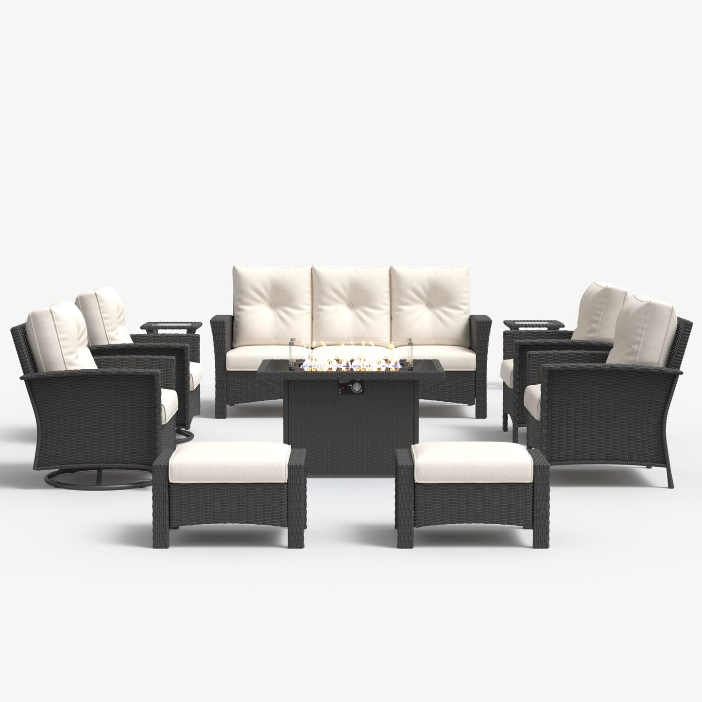 LayinSun 10 Piece Patio Set with wicker Swivel Rocking Chairs and Fire Pit