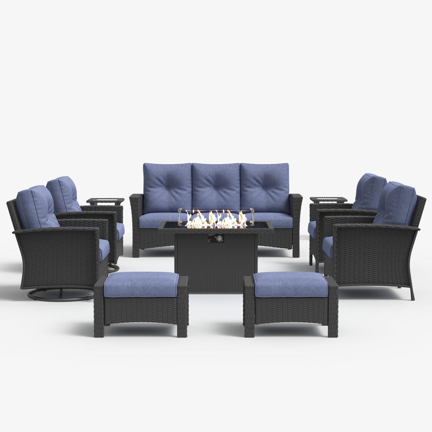 LayinSun 10 Piece Patio Set with wicker Swivel Rocking Chairs and Fire Pit