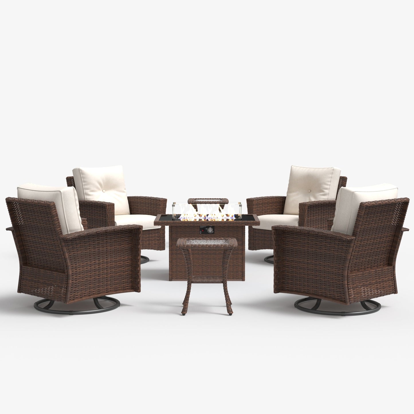 LayinSun 7 Piece Patio Set with wicker Swivel Rocking Chairs and Fire Pit