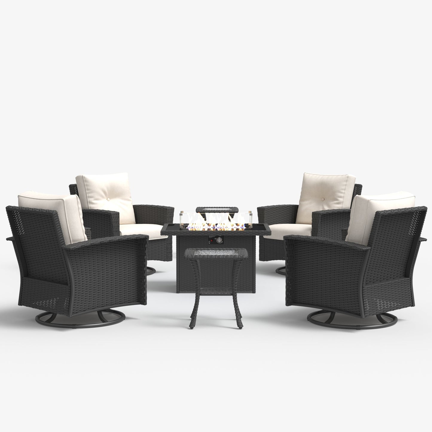 LayinSun 7 Piece Patio Set with wicker Swivel Rocking Chairs and Fire Pit