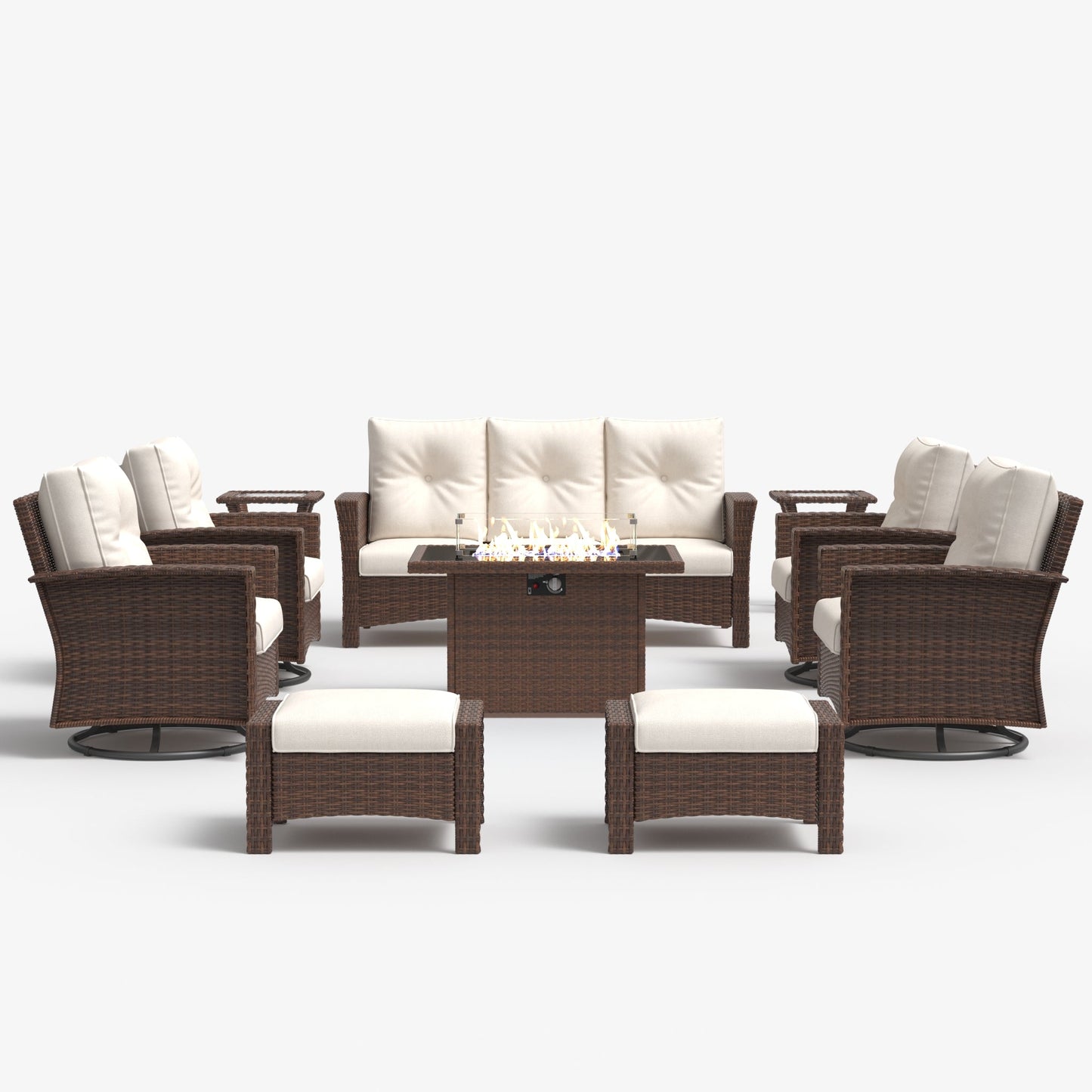 LayinSun 10 Piece Patio Set with wicker Swivel Rocking Chairs and Fire Pit