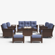 LayinSun 10 Piece Patio Set with wicker Swivel Rocking Chairs and Fire Pit