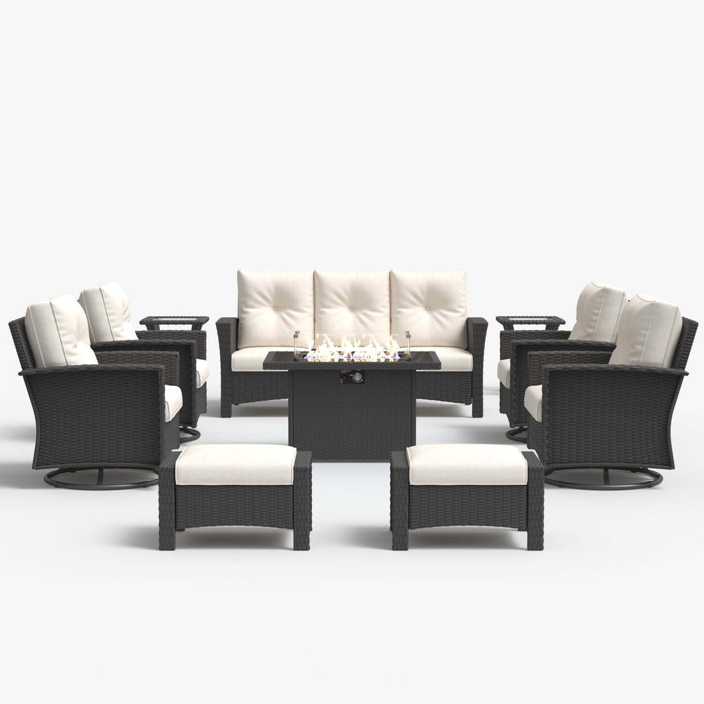 LayinSun 10 Piece Patio Set with wicker Swivel Rocking Chairs and Fire Pit