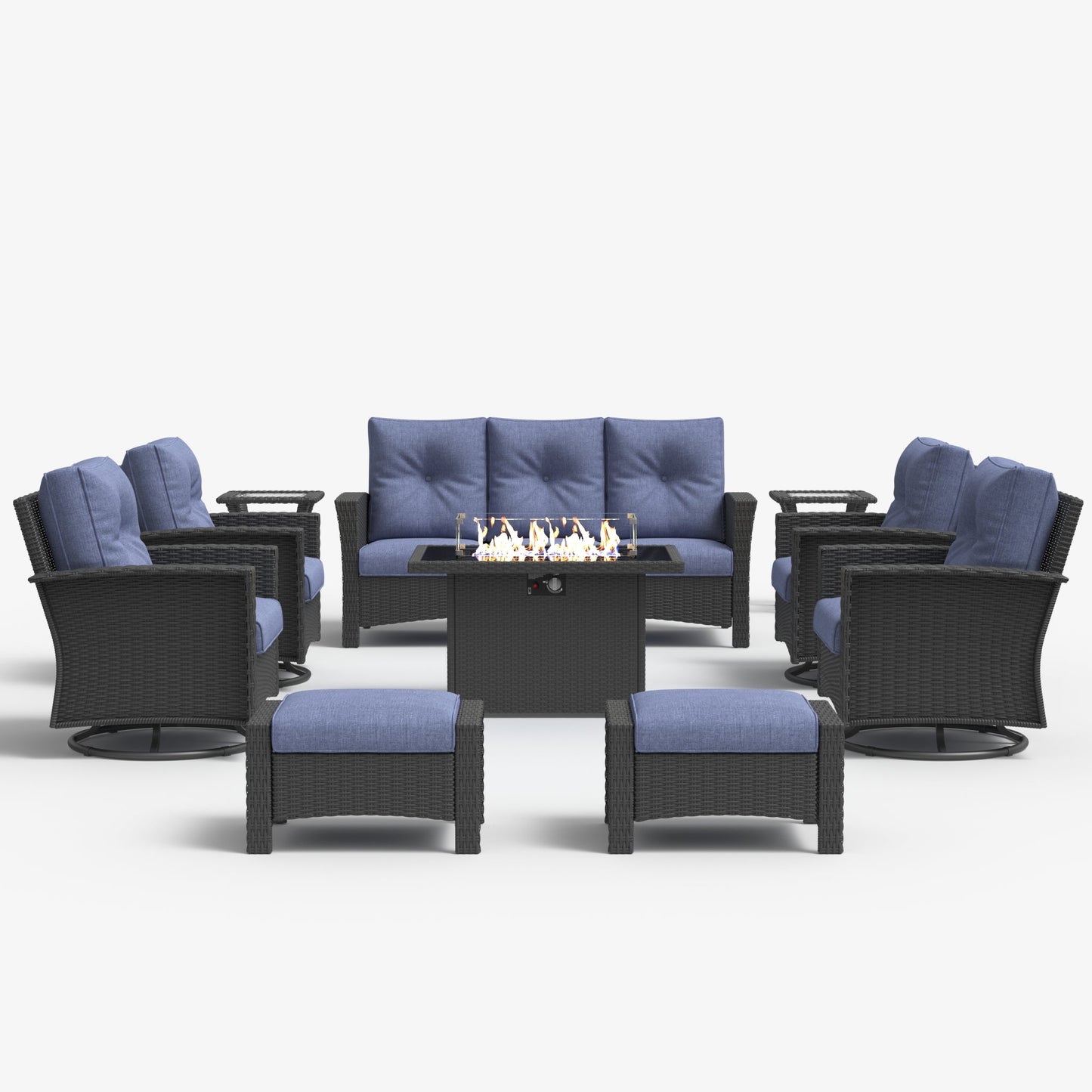 LayinSun 10 Piece Patio Set with wicker Swivel Rocking Chairs and Fire Pit