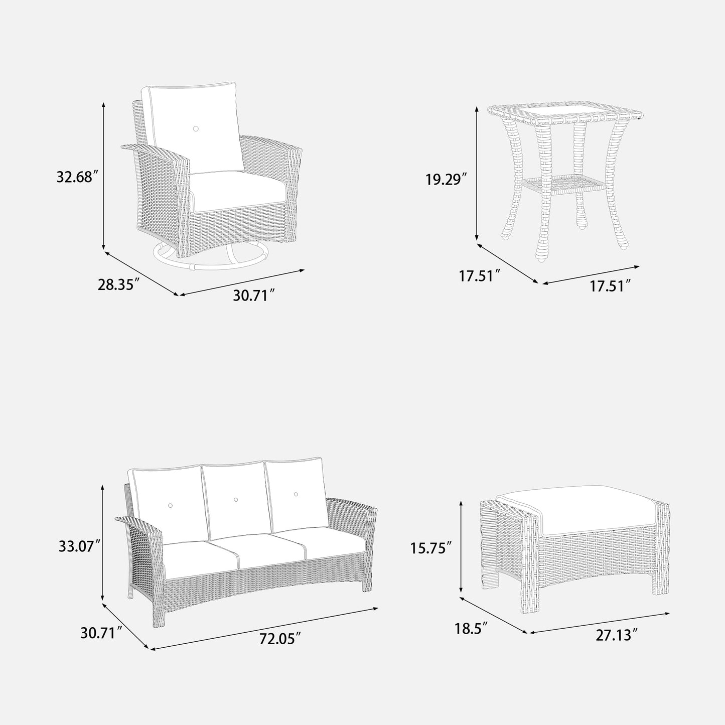 LayinSun 6 Piece Patio Set with wicker Swivel Rocking Chairs