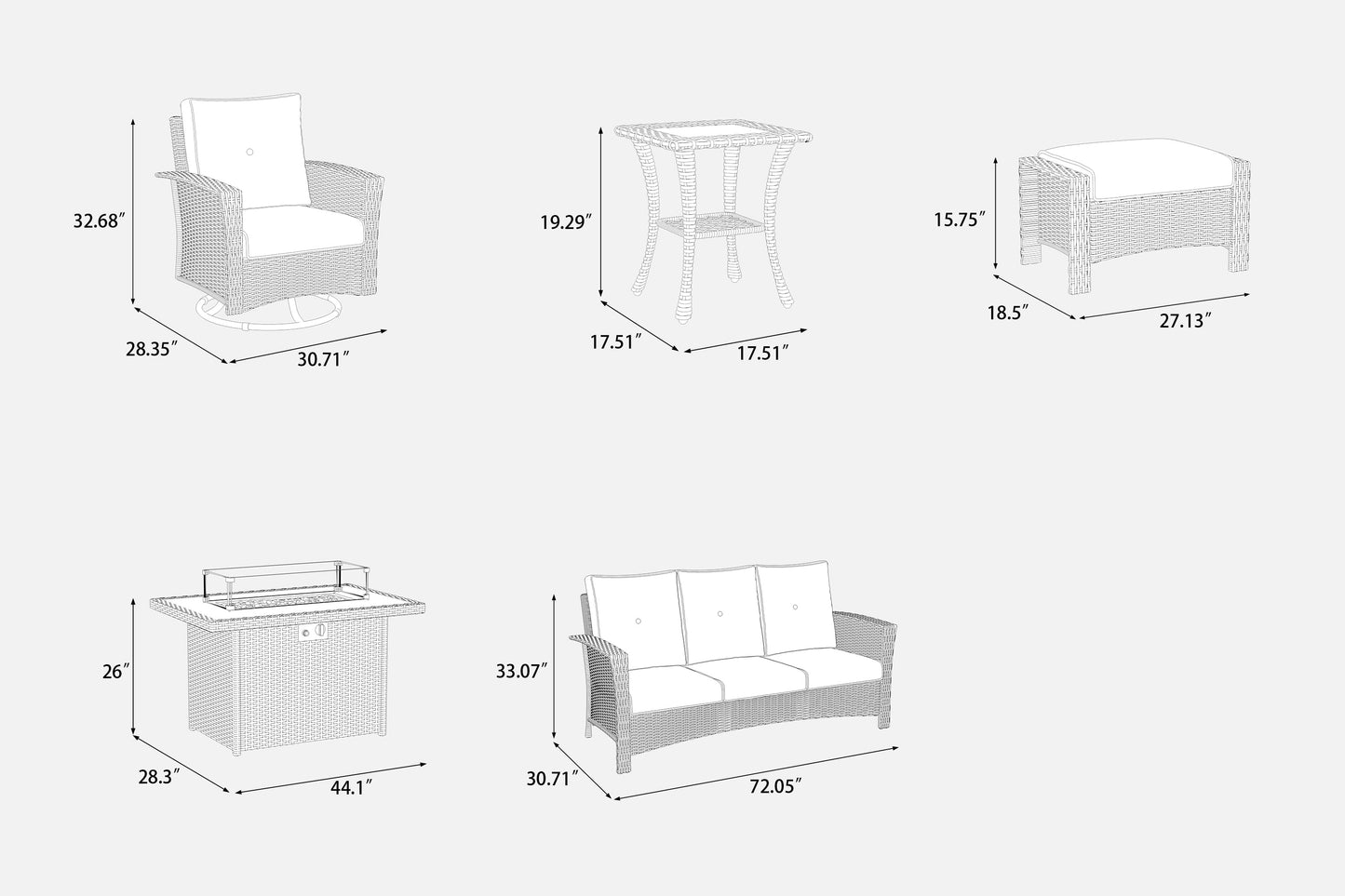 LayinSun 10 Piece Patio Set with wicker Swivel Rocking Chairs and Fire Pit