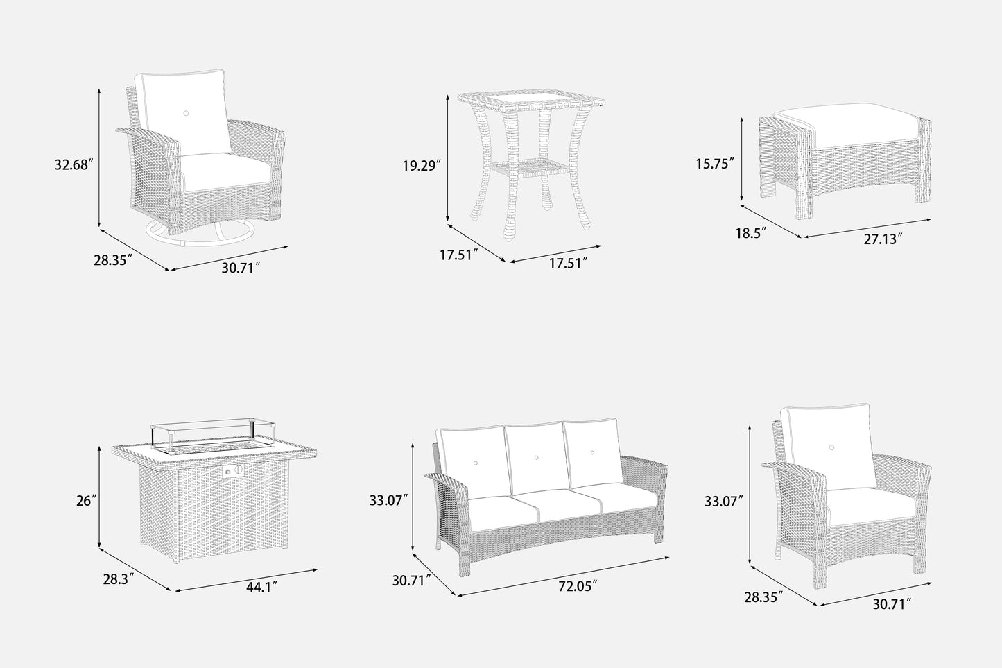 LayinSun 10 Piece Patio Set with wicker Swivel Rocking Chairs and Fire Pit