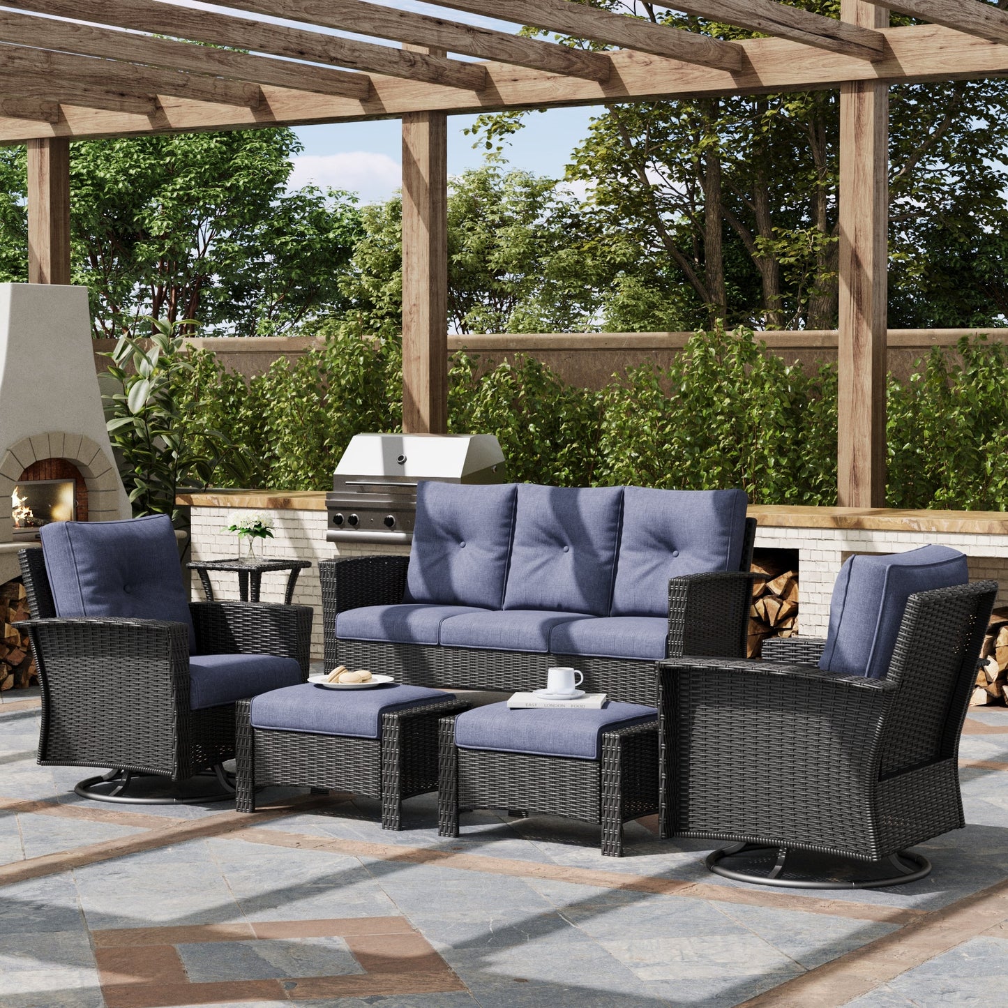 LayinSun 6 Piece Patio Set with wicker Swivel Rocking Chairs