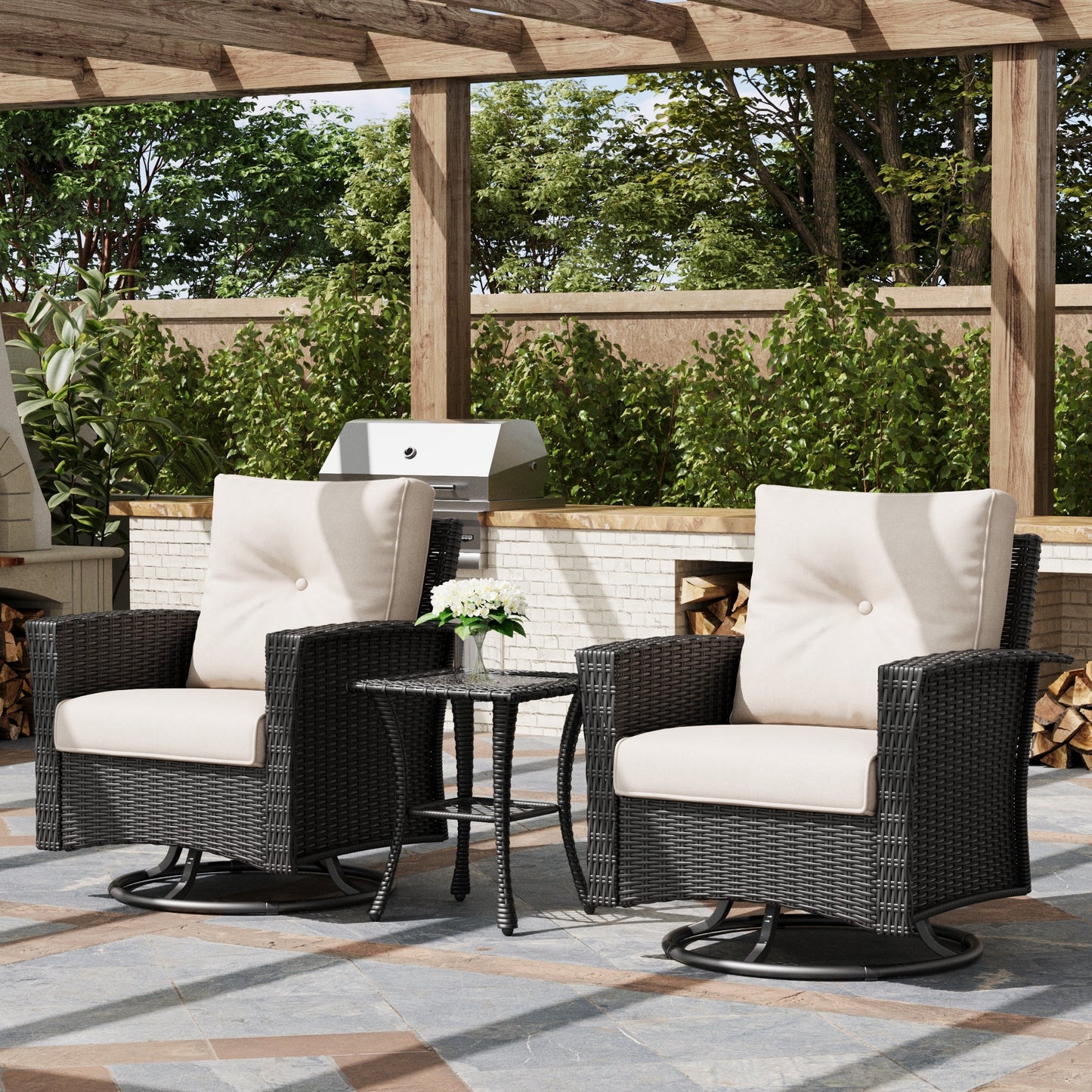 LayinSun 3 Piece Patio Set with wicker Swivel Rocking Chairs