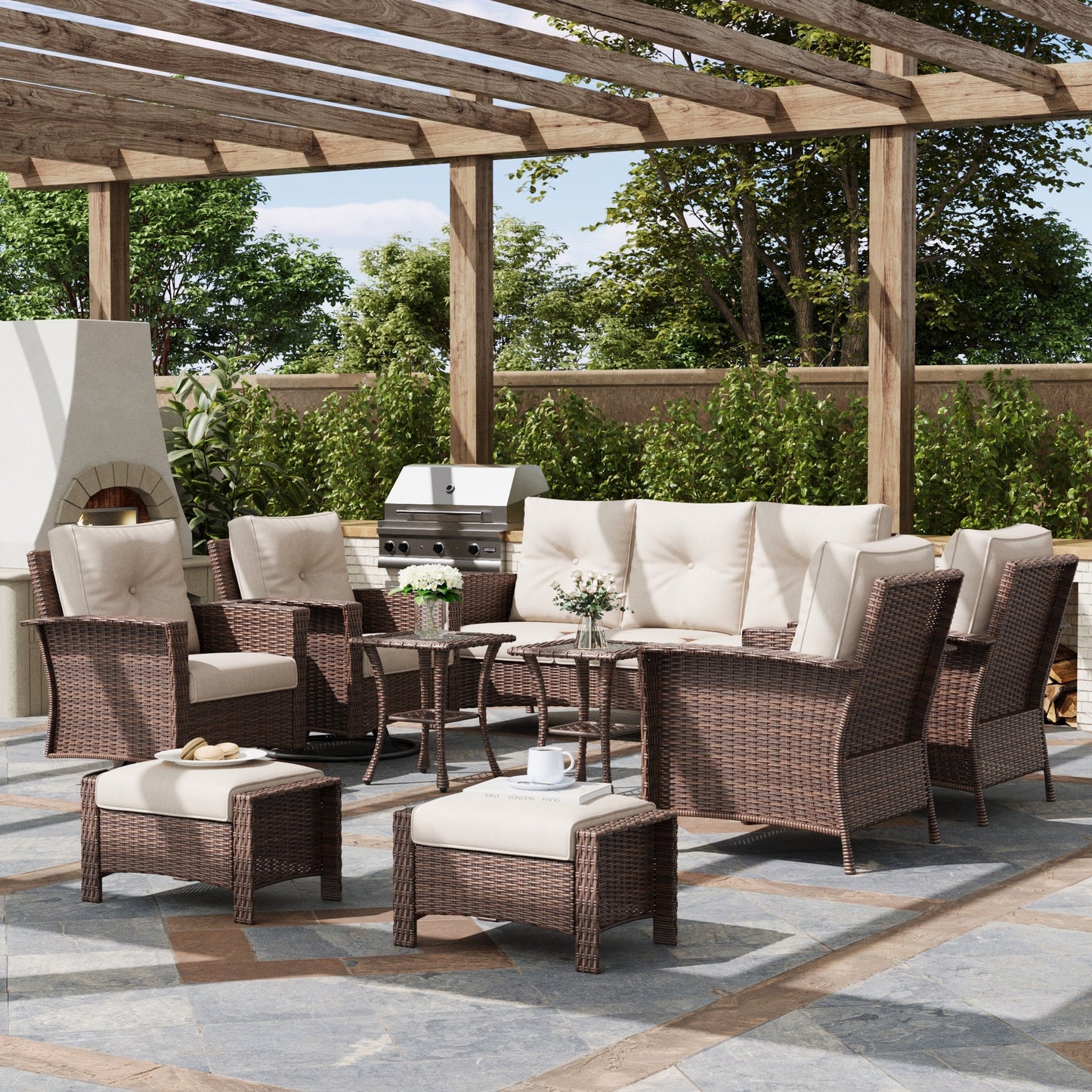 LayinSun 9 Piece Patio Set with wicker Swivel Rocking Chairs