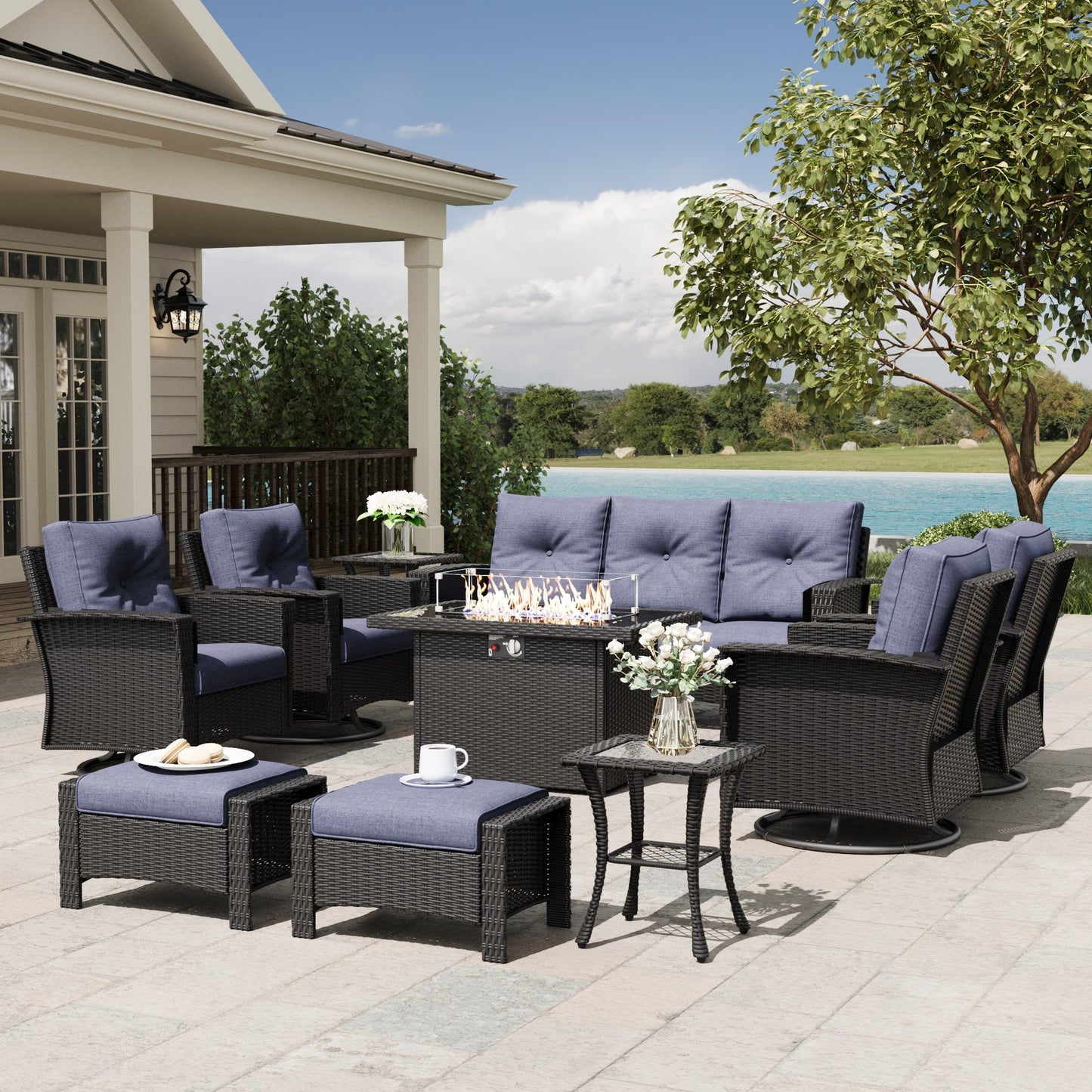 LayinSun 10 Piece Patio Set with wicker Swivel Rocking Chairs and Fire Pit