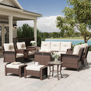 LayinSun 10 Piece Patio Set with wicker Swivel Rocking Chairs and Fire Pit