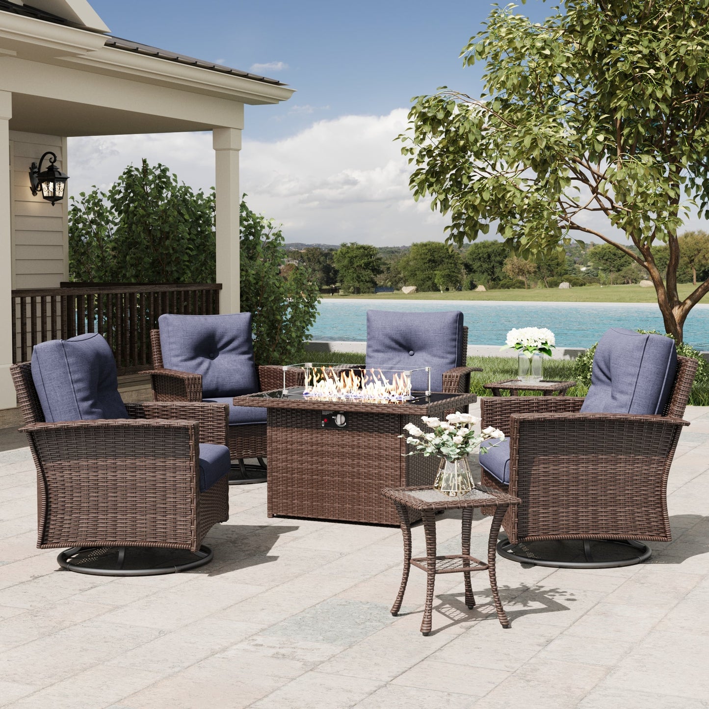 LayinSun 7 Piece Patio Set with wicker Swivel Rocking Chairs and Fire Pit
