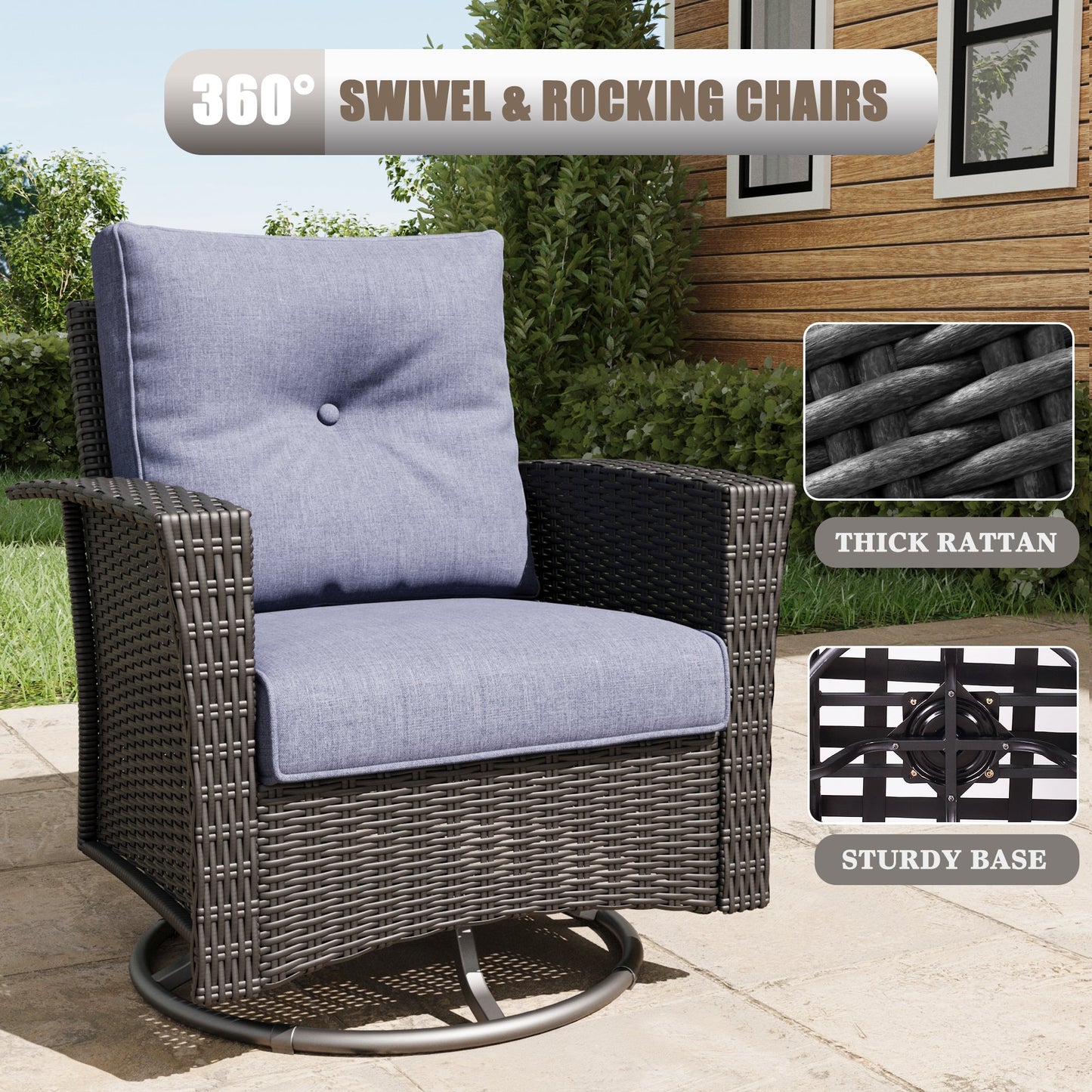 LayinSun 7 Piece Patio Set with wicker Swivel Rocking Chairs and Fire Pit