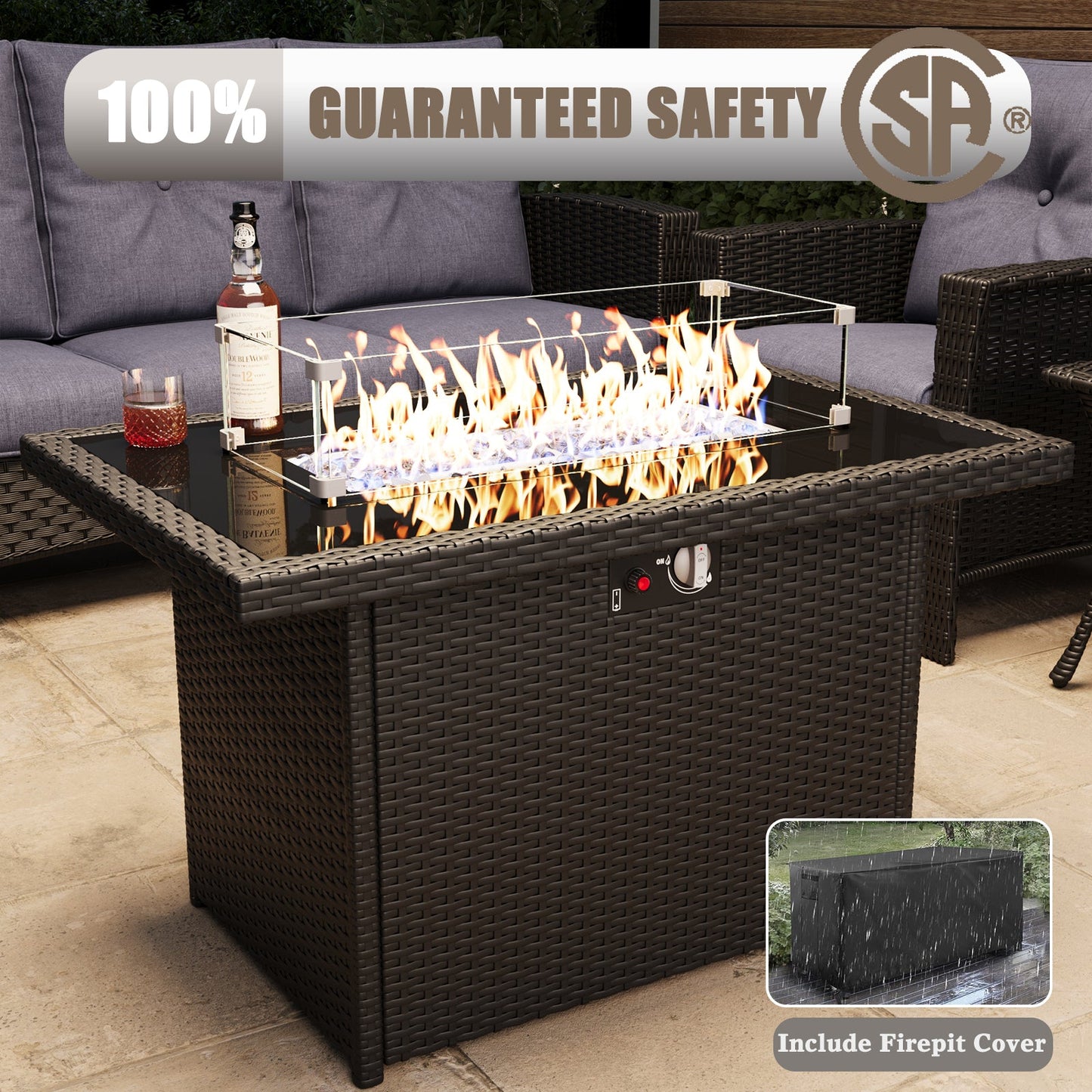 LayinSun 7 Piece Patio Set with wicker Swivel Rocking Chairs and Fire Pit