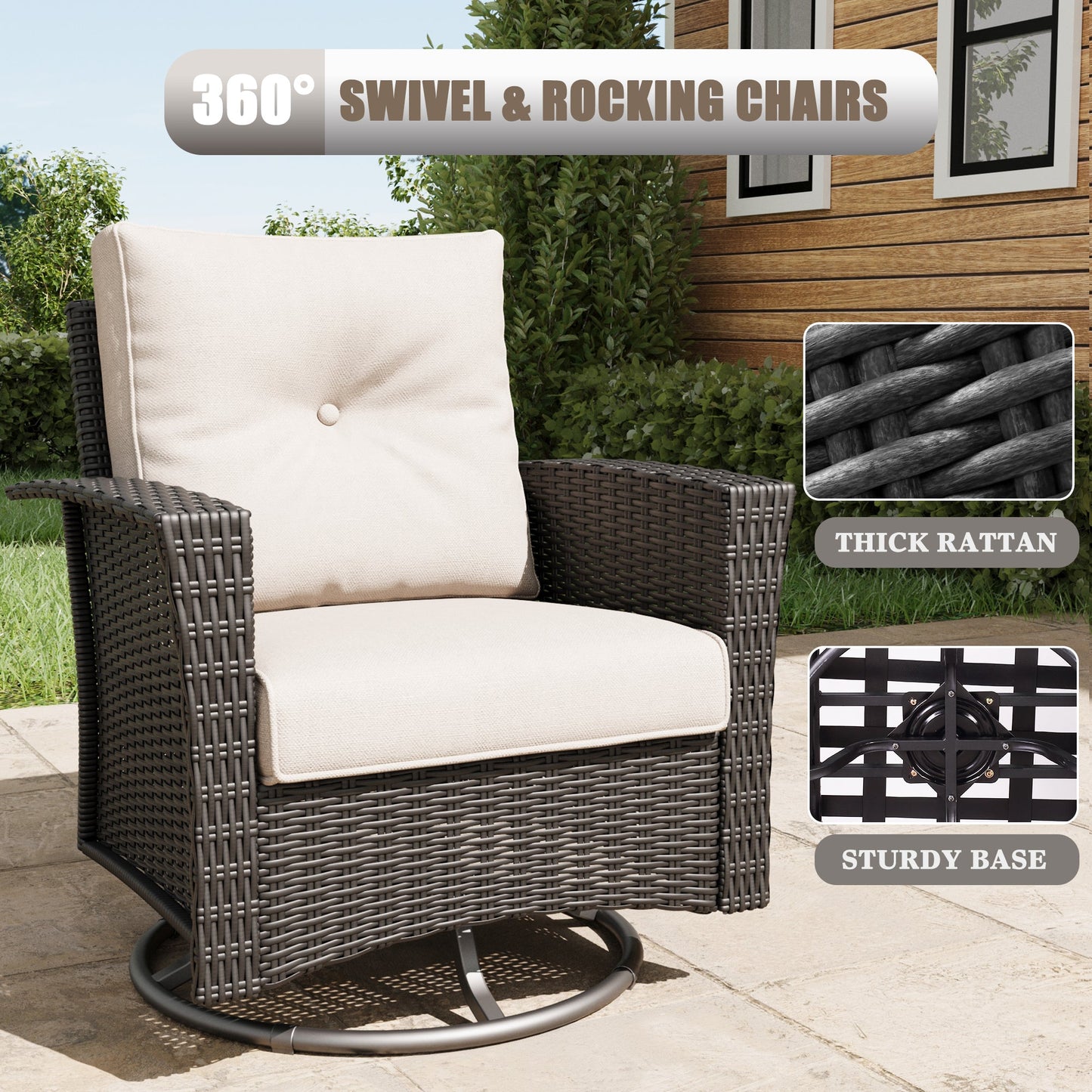 LayinSun 7 Piece Patio Set with wicker Swivel Rocking Chairs and Fire Pit