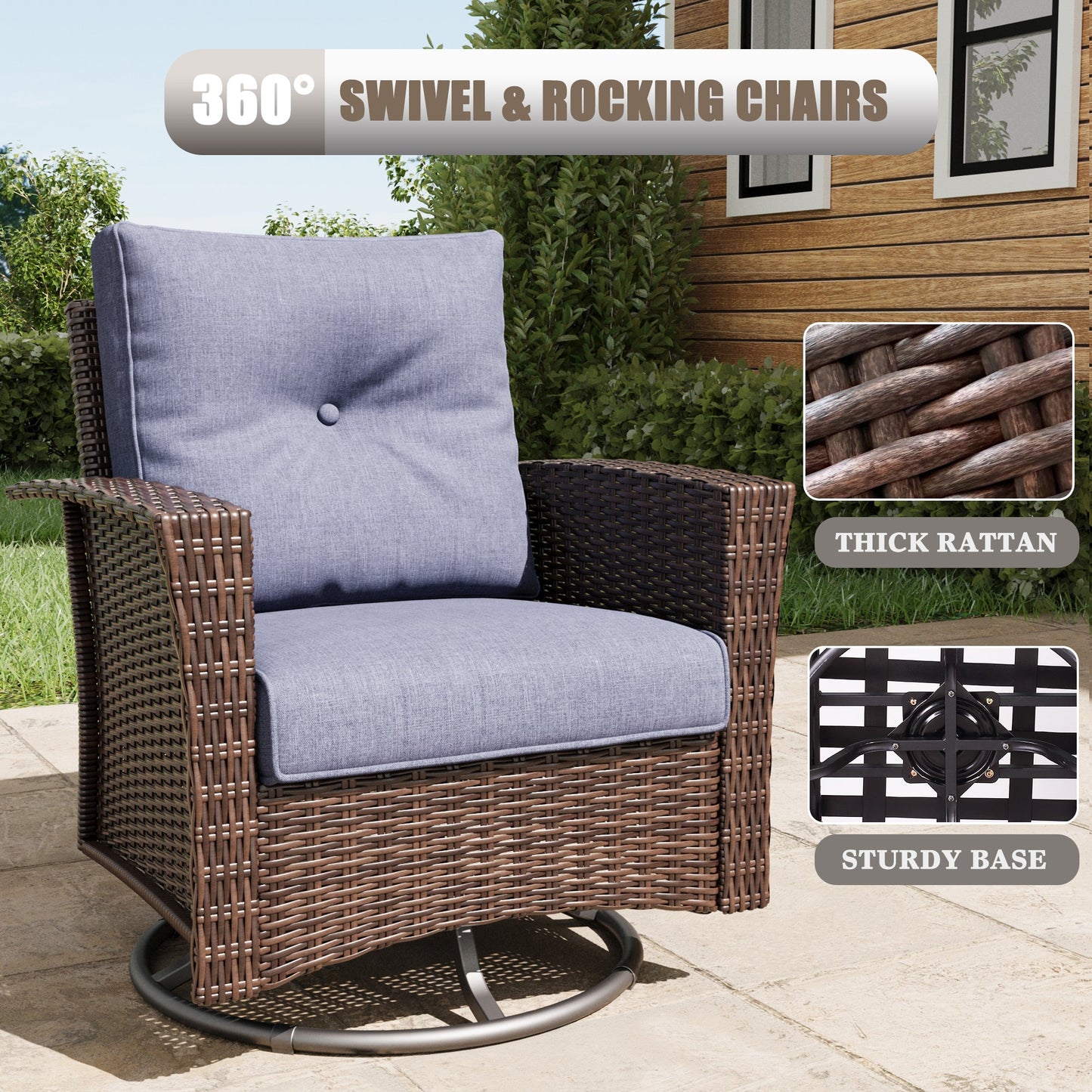 LayinSun 7 Piece Patio Set with wicker Swivel Rocking Chairs and Fire Pit