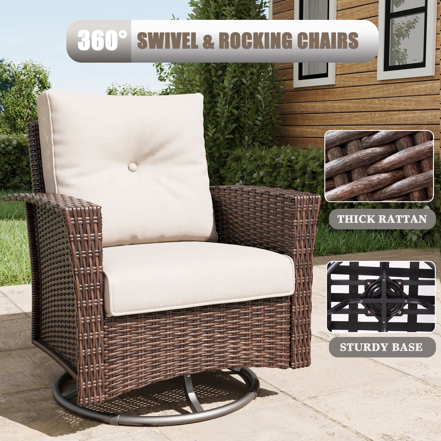 LayinSun 7 Piece Patio Set with wicker Swivel Rocking Chairs and Fire Pit